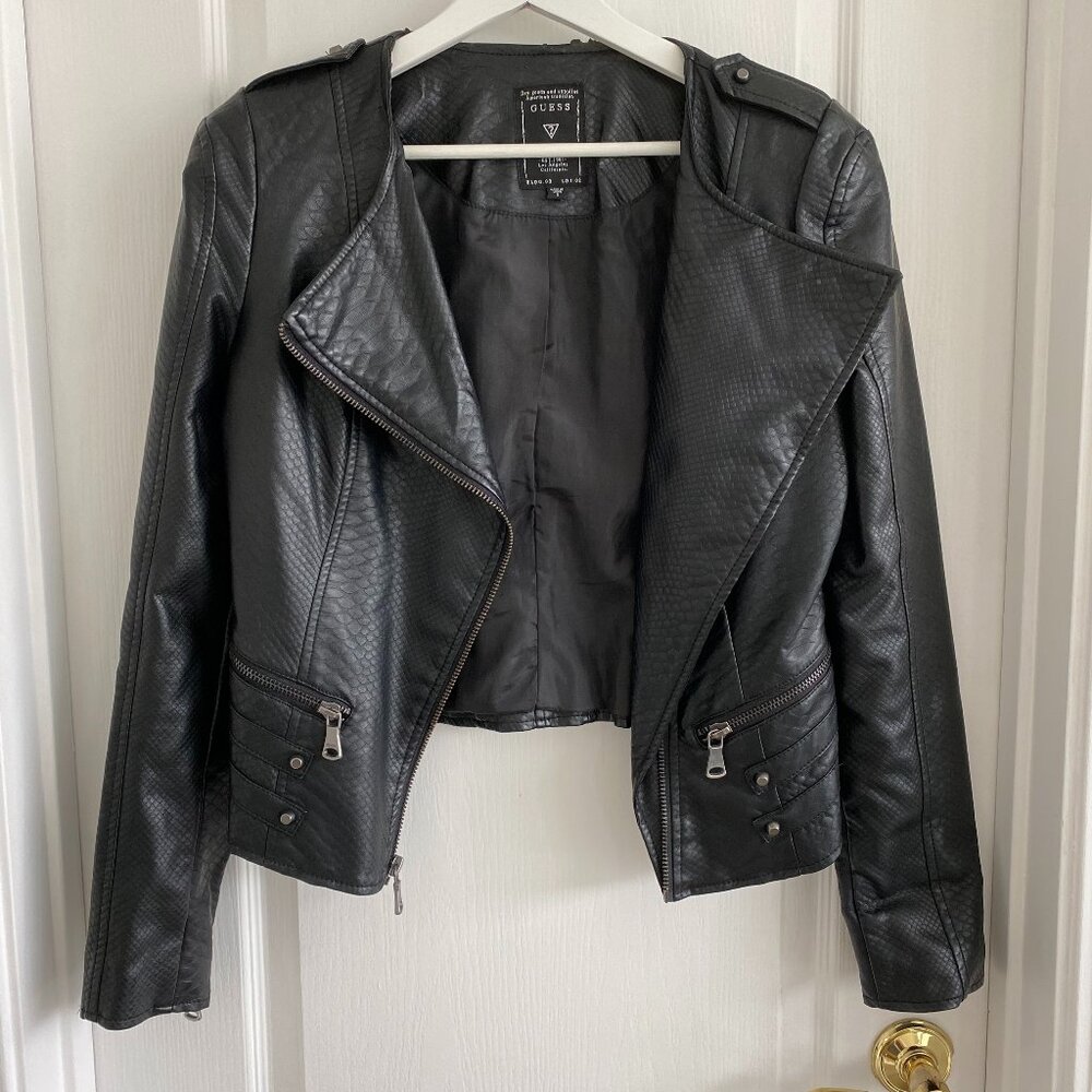 GUESS Black Vegan Leather Jacket with Rivet Lapel US S